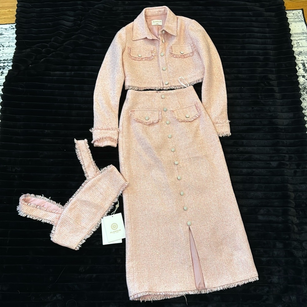 Alamour The Label 3 Piece Pink Tweed Skirt Set
